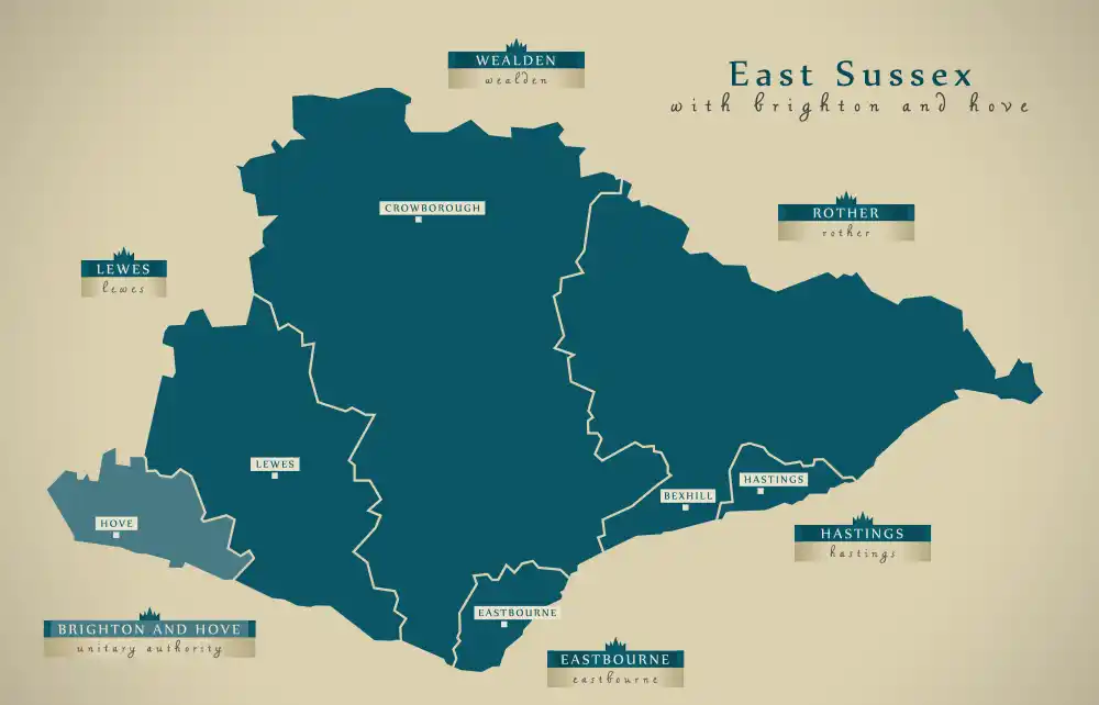 A larger graphic map of East Sussex, UK