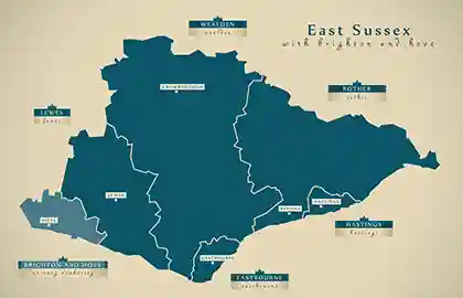 Graphic map of the County of East Sussex in the UK
