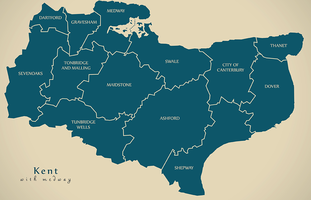 A larger graphic map of Kent, UK