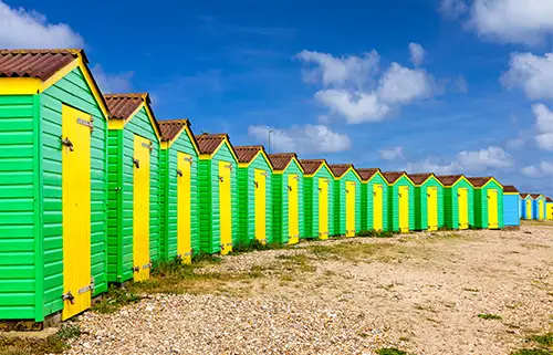View of beach huts at Littlehampton, West Sussex